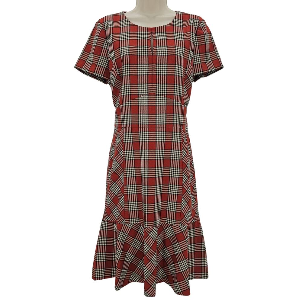 Brooks Brothers Red Fleece Womans size 10 Glen Plaid Flounce Midi Dress Orange